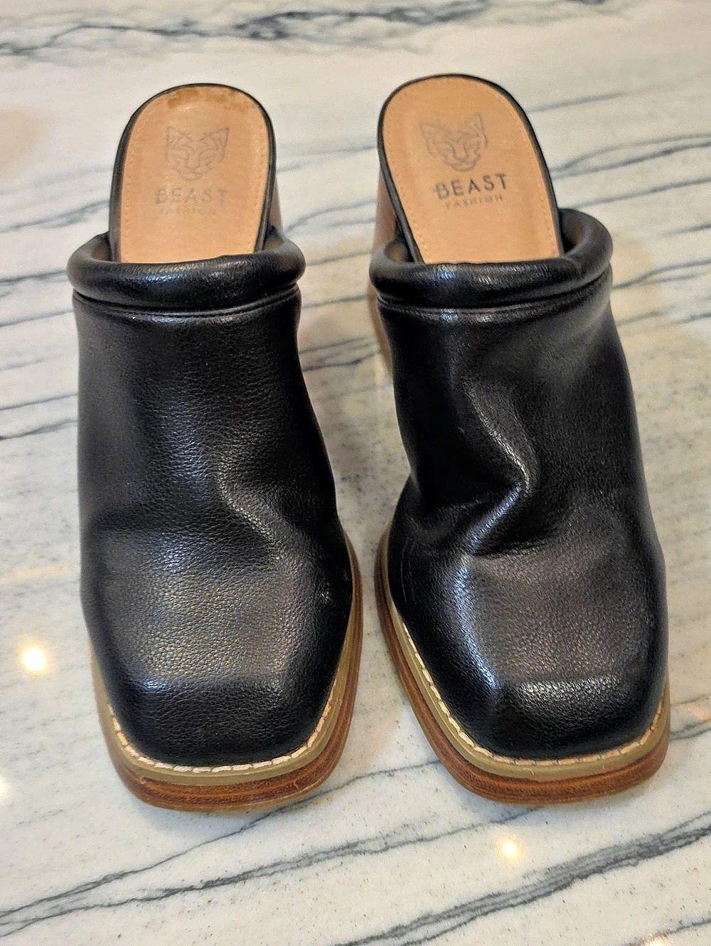 BEAST FASHION Black Leather-Look Heeled Mules